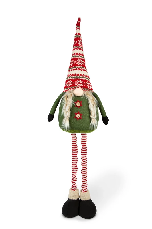 Excelsa Christmas Gnome, Green and Red, Fabric with Extendable Legs, Christmas Decoration with Nordic Hat, 24 x 23 cm, Adjustable Height 40-130 cm - Image 1