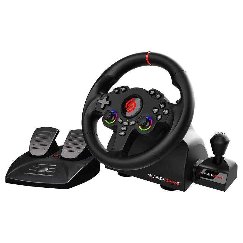 Subsonic - Superdrive 220 RS-X Steering Wheel - Dual Joystick LED Racing Wheel with Gear Shifter, 180° Rotation, Pedals and Paddle Shifters. For Switch 2 / Switch, PS4, PC and Xbox - Black