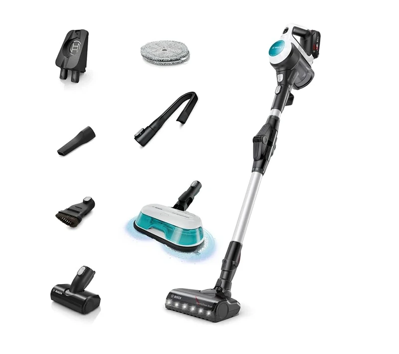 Bosch Unlimited 7 Aqua BCS72HYGGB Cordless Vacuum cleaner with additional 2in1 Vacuum and Mop head, Pet Turbo Nozzle, Flex Tube, 2 x Interchangeable 18 V Batteries, 80 minutes run time - White