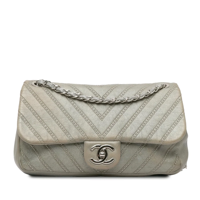Chanel Pre-Loved Medium Chevron Calfskin Stud Wars Flap Crossbody Bag