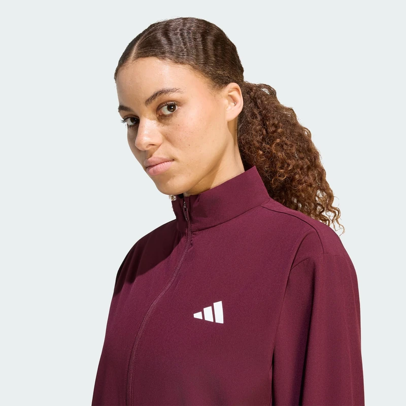 adidas Women's Train Essentials 3-Stripes Woven Warm Up Sweatshirt, maroon/white, M Tall