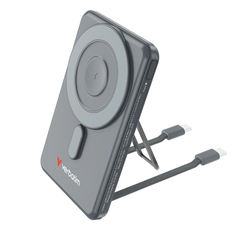 Verbatim Charge 'n' Go MagSafe Power Bank 5000 mAh [Grey] 15 W Magnetic - PD 20 W Quick Charge Function, LED Display & Foldable Stand for iPhone 17/16/15/14/13/12 Pro/Pro Max - Includes Two USB-C