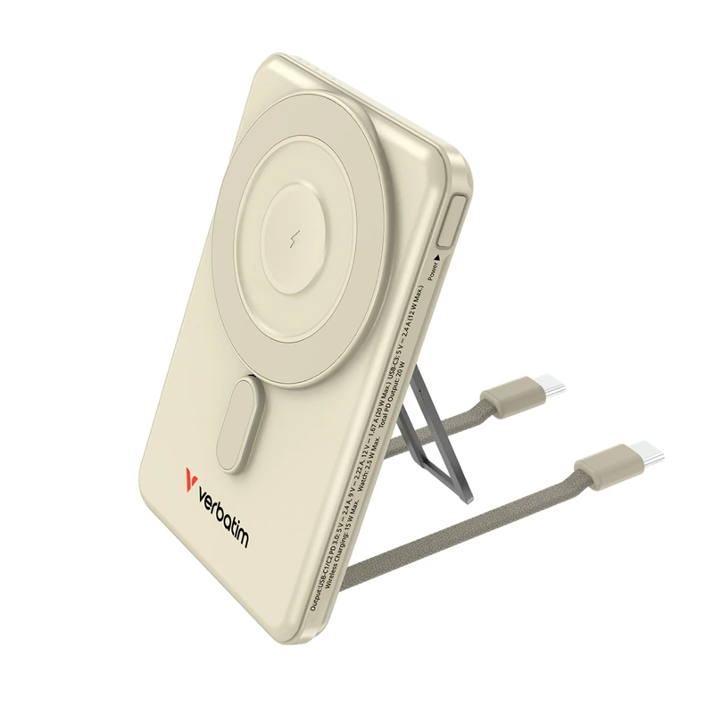 Verbatim Charge 'n' Go MagSafe Power Bank 5000 mAh [Gold] 15 W Magnetic - PD 20 W Quick Charge Function, LED Display & Foldable Stand for iPhone 17/16/15/14/13/12 Pro/Pro Max - Includes Two USB-C