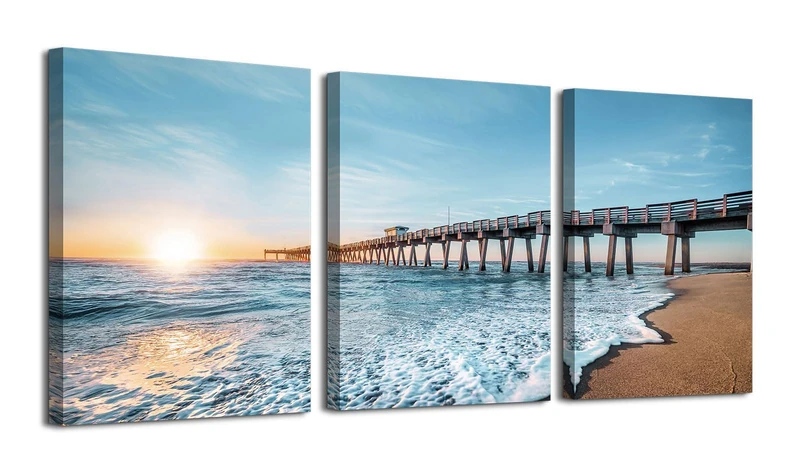 daktenn 3 Piece Beach Wall Art Sunset Pictures Wall Decor Ocean Wall Decor Ocean Beach Sunset Canvas Wall Art Sunset Landscape Painting 24"x32"x3 Panels