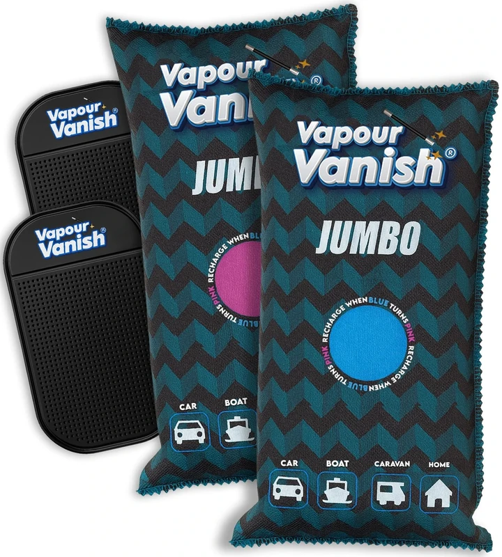 VapourVanish Jumbo Reusable Car Dehumidifier Bags 2 Pack (1kg Each) – Rechargeable Moisture Absorbers with Anti-Slip Mats for Cars, Vans, Home & Wardrobe – Prevents Condensation & Fog