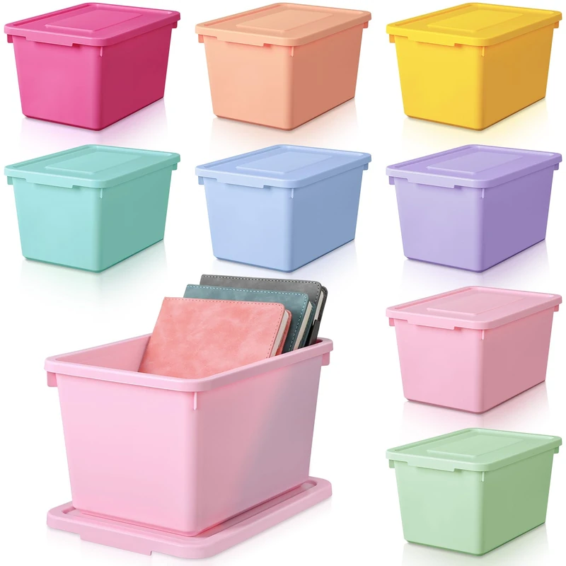 Potchen 8 Pcs Plastic Latching Storage Bins with Lid Medium Stackable Lockable 9.8x7.3x5.7 Inch Storing Containers for Organizing Storage Baskets for Shelves Office (Mixed Color)