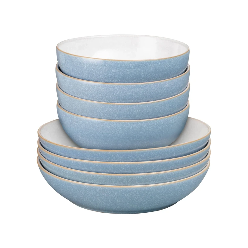 Denby - Elements Pasta & Cereal Bowl 8 Piece Set - Blue Glaze, Dishwasher & Microwave Safe, Oven Proof Stoneware Dishes - 4 x Pasta & Cereal Bowls - Ceramic, Chip Resistant Tableware for Everyday Use