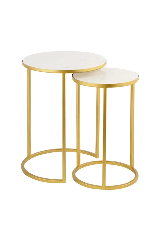 ASPECT Monti Marble Round Nest of 2 Tables in White with Gold Metal Bases