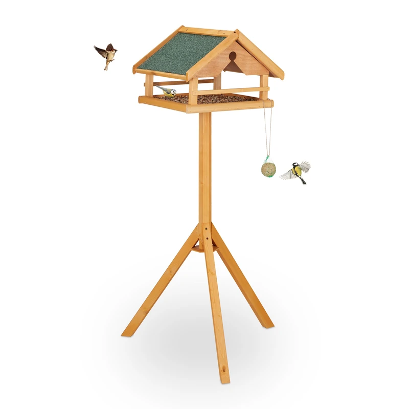 Relaxdays Bird Feeder with Stand, Waterproof Roof, Garden & Terrace, Bird House, Spruce Wood, Orange