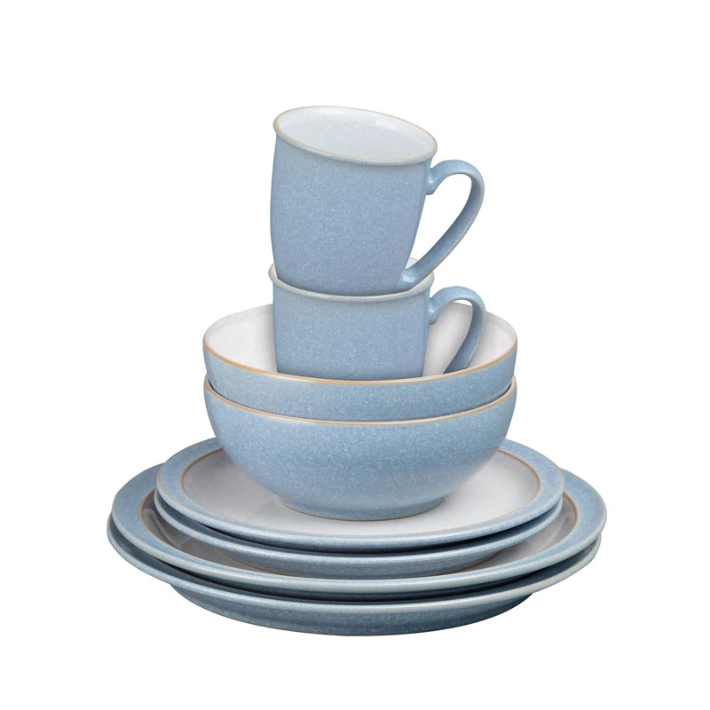 Denby - Elements 8 Piece Dinner Set For 2 - Blue Glaze, Dishwasher, Microwave Safe, Oven Proof Plate & Bowl Set - 4 x Lunch Plates, Dinner Plates, Cereal Bowls & Coffee Mugs - Chip Resistant Tableware