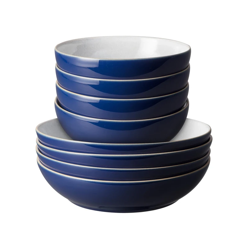 Denby - Elements Pasta & Cereal Bowl Set 8 Piece - Dark Blue, Dishwasher & Microwave Safe, Oven Proof Stoneware Dishes - 4 x Pasta & Cereal Bowls - Ceramic, Chip Resistant Tableware for Everyday Use