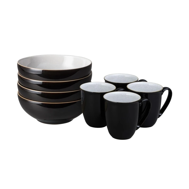 Denby - Elements Coffee Mug & Cereal Bowl 8 Piece Set - Black Glaze Dishwasher & Microwave Safe Stoneware - 4 x 330ml Tea Cups & Cereal Bowls for Soup - Ceramic, Chip Resistant for Everyday Use