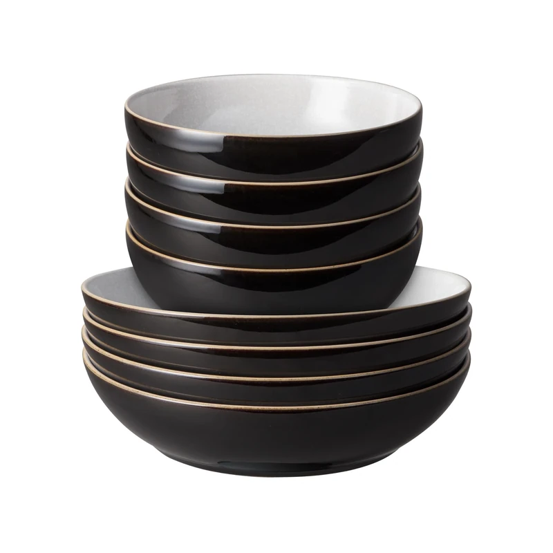 Denby - Elements Pasta & Cereal Bowl 8 Piece Set - Black Glaze, Dishwasher & Microwave Safe, Oven Proof Stoneware Dishes - 4 x Pasta & Cereal Bowls - Ceramic Chip Resistant Tableware for Everyday Use