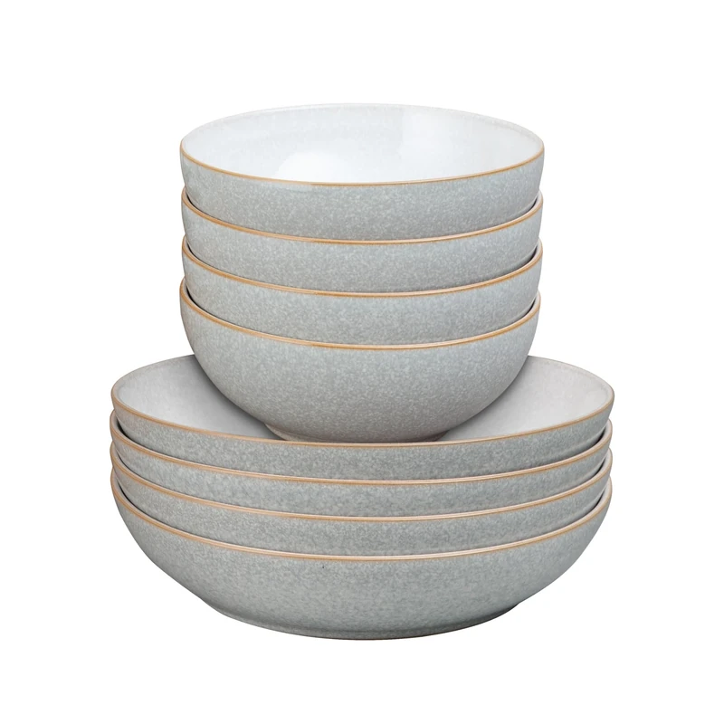 Denby - Elements Pasta & Cereal Bowl 8 Piece Set - Light Grey, Dishwasher & Microwave Safe, Oven Proof Stoneware Dishes - 4 x Pasta & Cereal Bowls - Ceramic, Chip Resistant Tableware for Everyday Use