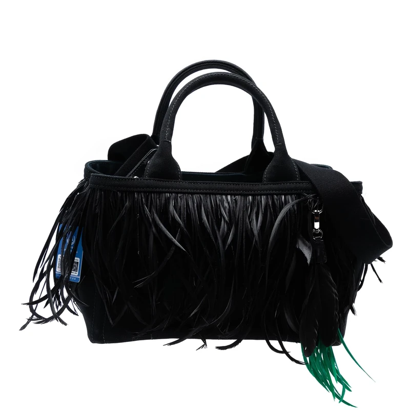 Prada Pre-Loved Small Feather Trimmed Canvas Canapa Satchel Handbag