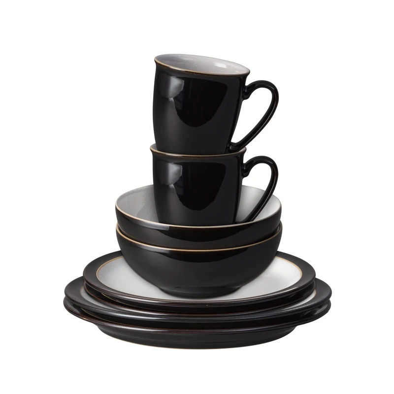 Denby - Elements 8 Piece Dinner Set For 2 - Black Glaze, Dishwasher Safe, Microwave, Oven Proof Plate & Bowl Set - 4 x Lunch Plates, Dinner Plates, Cereal Bowls, Coffee Mugs - Chip Resistant Tableware
