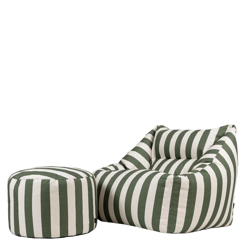 icon Natalia Bean Bag Chair with Pouffe, Kyoto Stripe Green, Woven Fabric, Large Adult Bean Bag with Filling Included, Comfy Chair, Armchair, Living Room Furniture, Bedroom Furniture