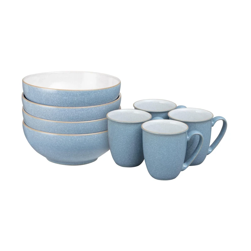 Denby - Elements Coffee Mug & Cereal Bowl 8 Piece Set - Blue Glaze Dishwasher & Microwave Safe Stoneware - 4 x 330ml Tea Cups & Cereal Bowls for Soup - Ceramic, Chip Resistant for Everyday Use