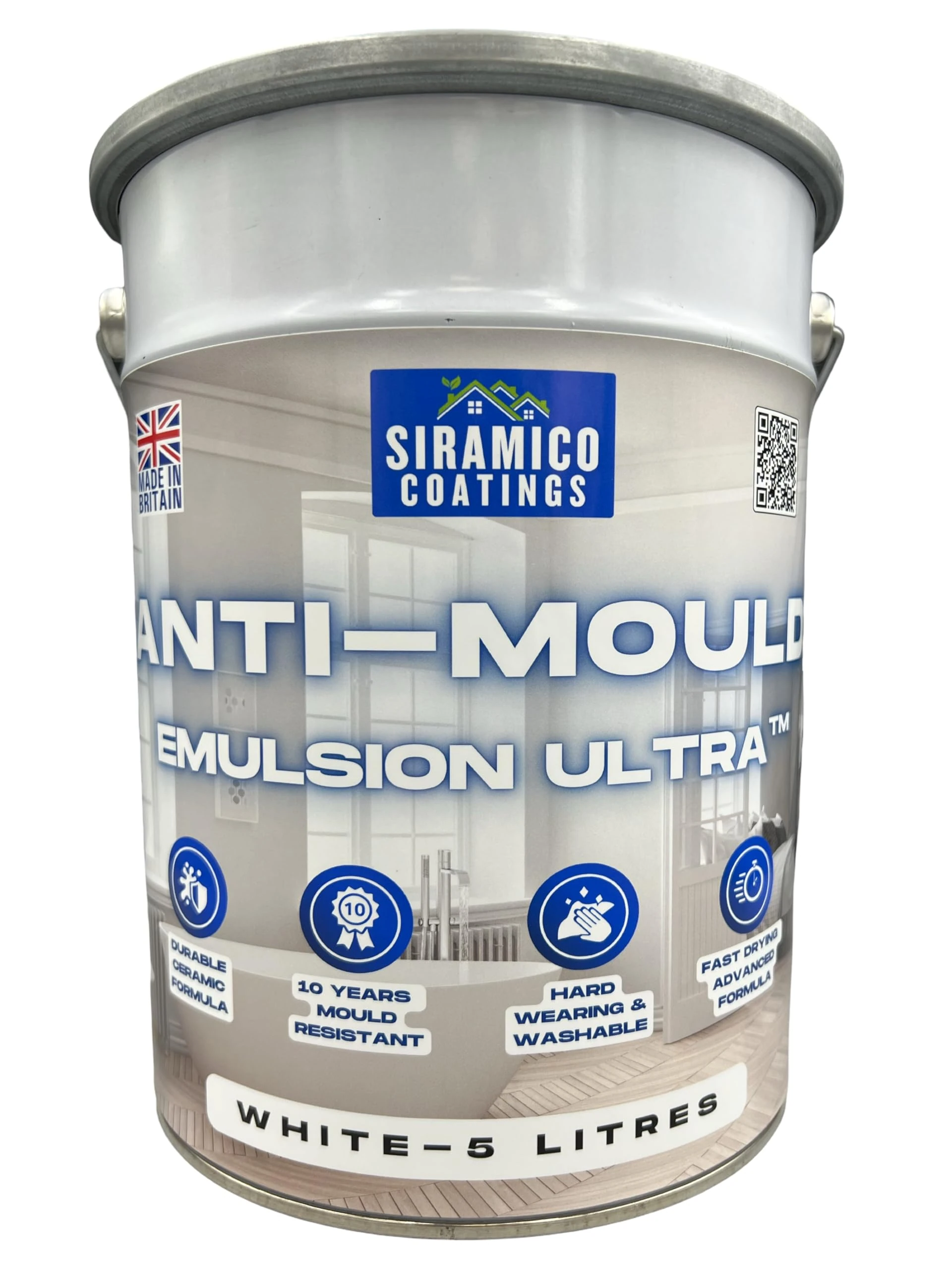 SIRAMICO COATINGS I Anti Mould Paint Ultra I Brilliant White Matt Finish I 10 Year Anti Mould Protection Emulsion Paint For Bathrooms, Kitchens, Walls and Ceilings (5 Litres)
