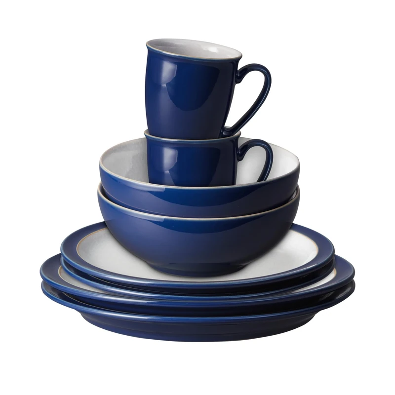 Denby - Elements 8 Piece Dinner Set for 2 - Dark Blue, Dishwasher, Microwave Safe, Oven Proof Plate & Bowl Set - 4 x Lunch Plates, Dinner Plates, Cereal Bowls & Coffee Mugs - Chip Resistant Tableware