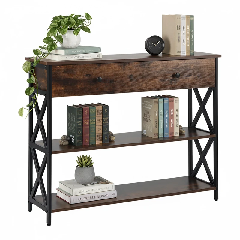 Relaxdays Console Table, Industrial, HWD: 80x100x30 cm, Metal, MDF, Slim Console with Drawer, Hallway, Brown/Black