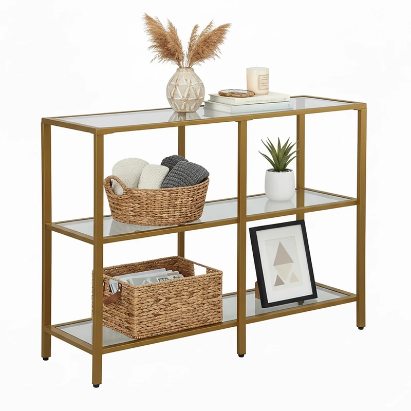 Relaxdays console table, HxWxD: 73 x 100 x 30 cm, metal, glass, slim hallway console, hall table with 3 tiers, gold