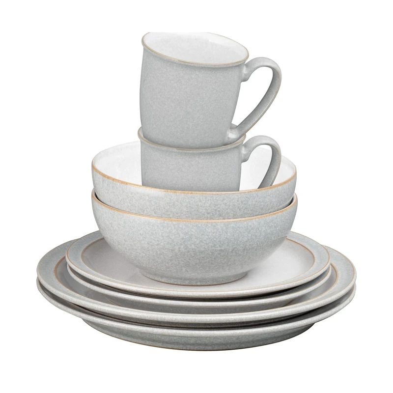 Denby - Elements 8 Piece Dinner Set For 2 - Light Grey, Dishwasher, Microwave Safe, Oven Proof Plate & Bowl Set - 4 x Lunch Plates, Dinner Plates, Cereal Bowls & Coffee Mugs - Chip Resistant Tableware