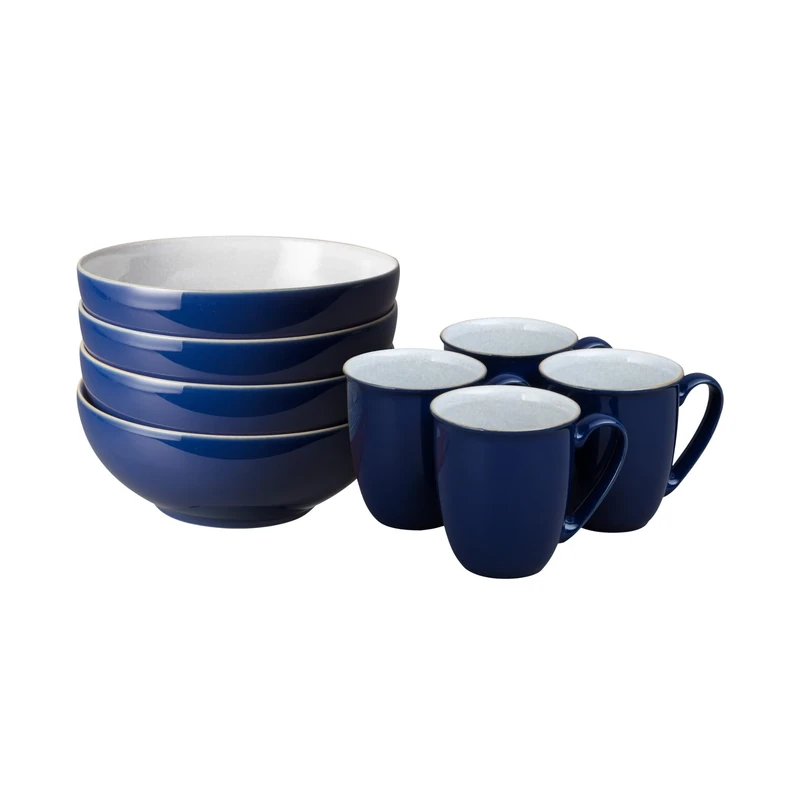 Denby - Elements Coffee Mug & Cereal Bowl 8 Piece Set - Dark Blue Dishwasher & Microwave Safe Stoneware - 4 x 330ml Tea Cups & Cereal Bowls for Soup - Ceramic, Chip Resistant for Everyday Use