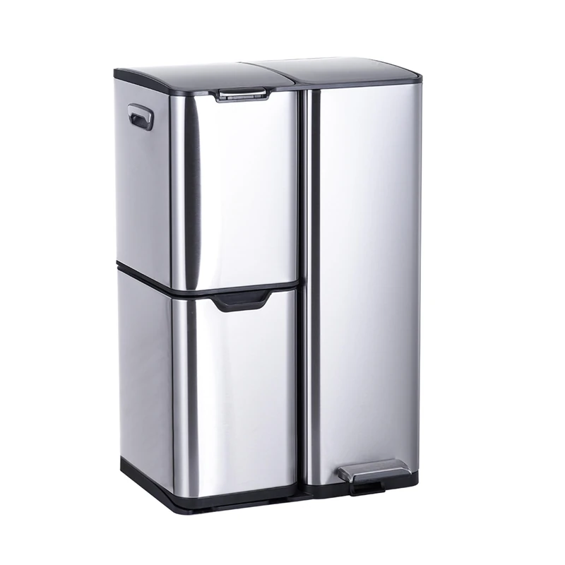 Relaxdays bin, 3 compartments, 60 L, removable inner buckets, soft close, foot pedal, stainless steel, silver
