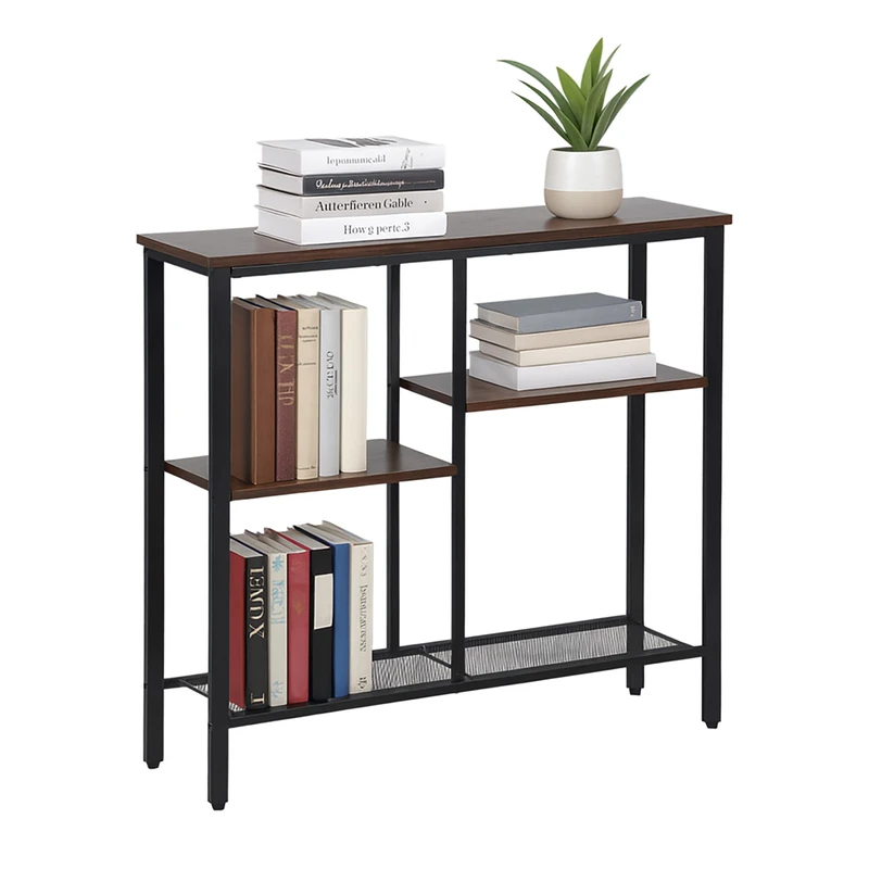 Relaxdays console table, industrial, HxWxD: 75 x 80 x 22 cm, metal, MDF, slim hallway console, 4 shelves, brown/black