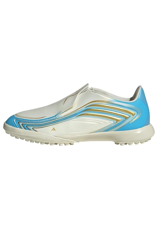 adidas Unisex Kids F50 Messi League Laceless Turf Football Kids Shoes, Ivory/semi Blue Burst/Icey Blue, 10 UK Child