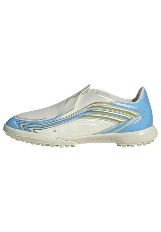 adidas Unisex Kids F50 Messi League Laceless Turf Football Kids Shoes, Ivory/semi Blue Burst/Icey Blue, 4.5 UK