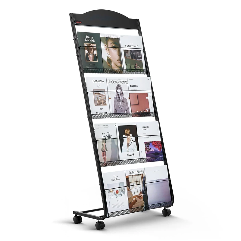 VEVOR Brochure Display Rack, 4-Tier Magazine Literature Display Stand with Wheels, Movable Floor Standing Magazine Rack, Heavy Duty Newspaper Catalog Holders for Shop Exhibitions Office Craft Fairs