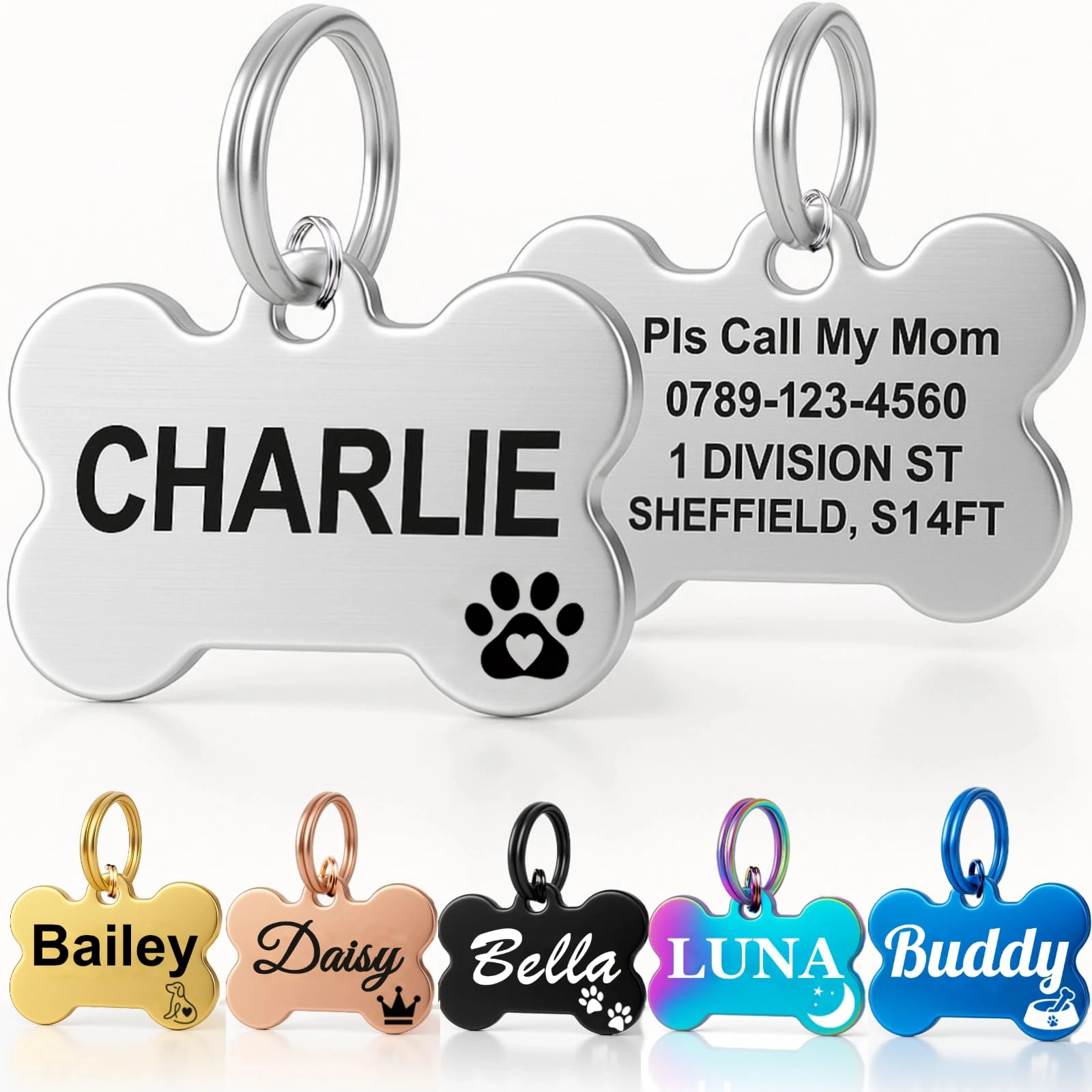 Personalised Dog Tags for Pets UK Prime, Deep Engraved Cat Dog Name ID Tags, Stainless Steel Pet Tag for Doggy Kitten Kitty Puppy, Scratch Resistant Tag (Silver Bone, S)