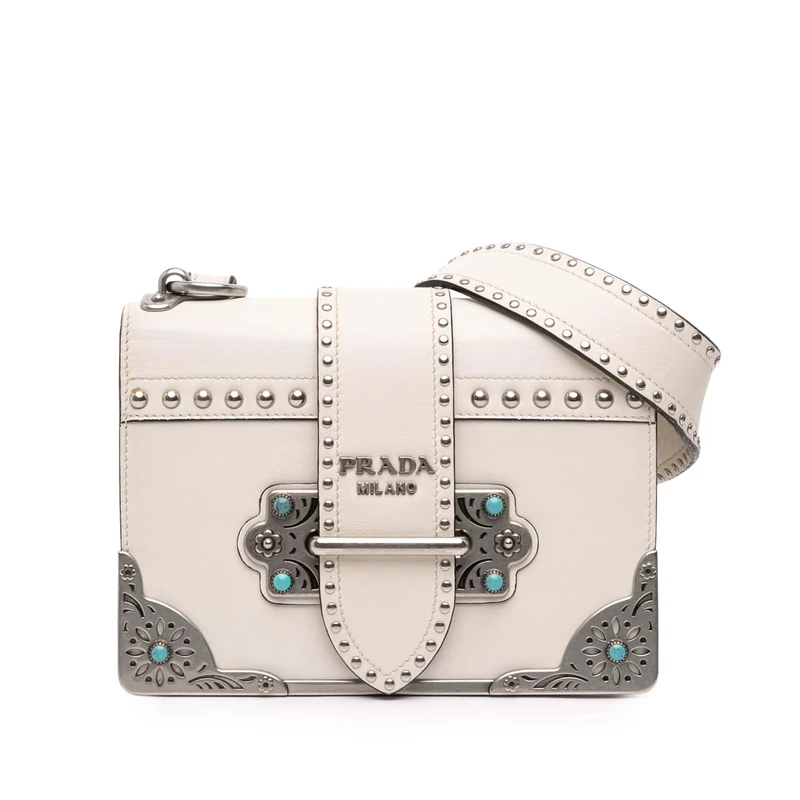 Prada Pre-Loved City Calf Studded Folk Cahier Crossbody Bag