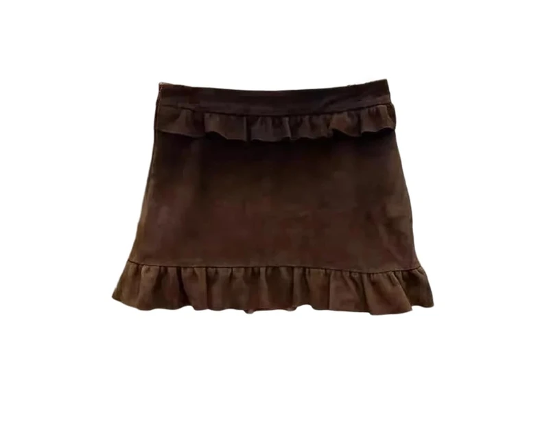 Women Suede Leather Mini Skirt Solid Ruffled Midi Skirt Slim Wrap Casual Skirts Yellow Brown