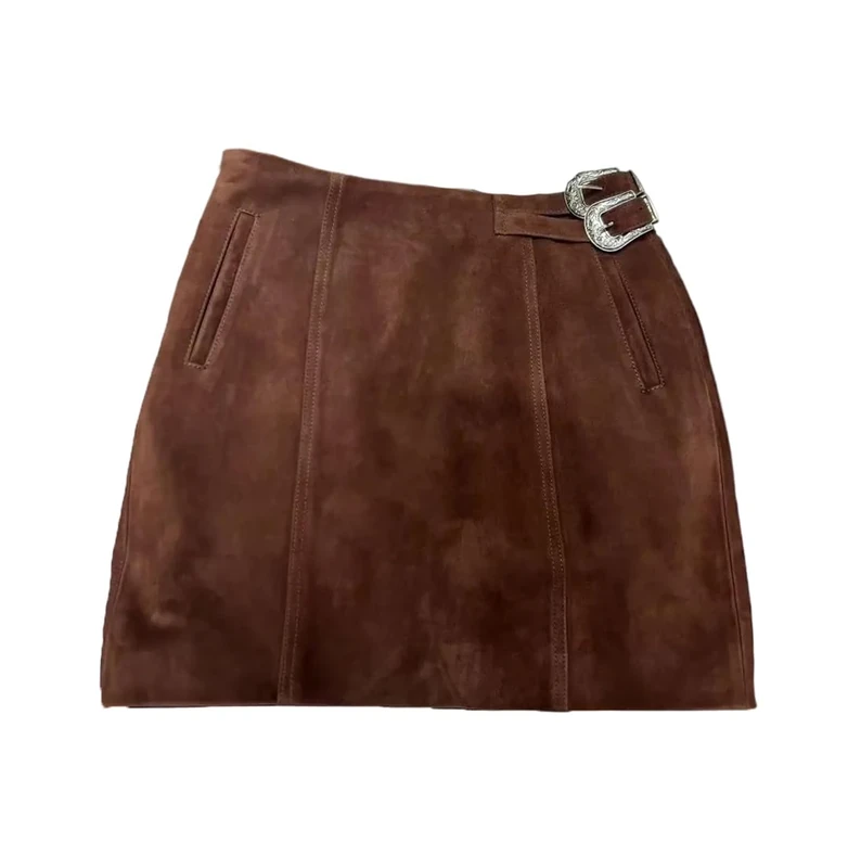 Women Vintage Suede Leather Mini Skirt Solid Casual Sexy Slim Skirts Brown