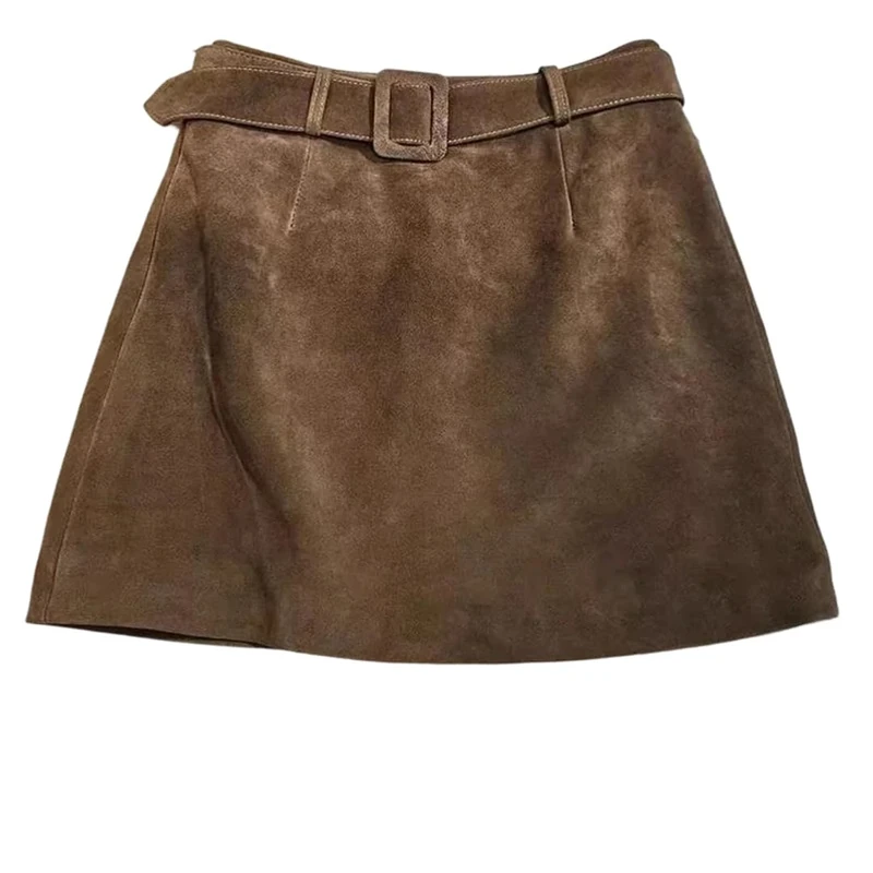 Women Leather Suede Above Knee Mini Wrap Skirt Fall High Waist Belt A-Line Slim Fit Short Skirts Deep Khaki