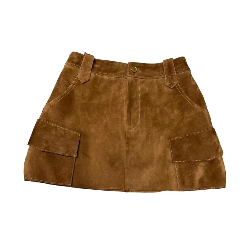 Ladies Suede Skirt Leather Pencil Mini Solid with Pockets A-Line Skirt