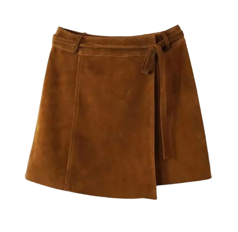 Women Vintage Suede Leather Mini Skirt with Blet Fall High Waist Side Slits Solid A-Line Skirts