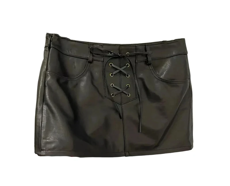 Vintage Suede Leather Mini Skirt - High Waist Black with Crossed Tie