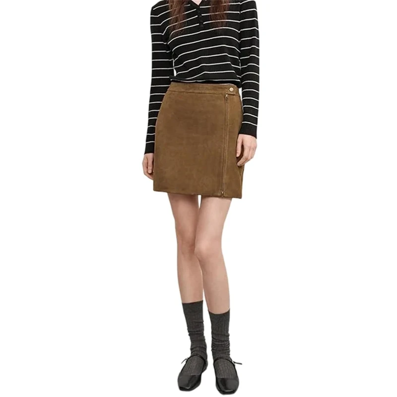 Leather Skirts for Women Suede High Waist Two-Way Zipper Mini Short Skirts Fall Winter Light Coffee