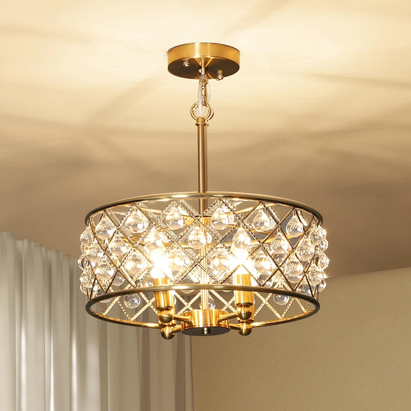HOMCOM Crystal Chandelier with Adjustable Height, 4-Light Modern Flush Mount Ceiling Light, Hanging Chandelier with E14 Base for Living Room, Bedroom, Dining Room, Bulb Not Included, Gold Tone