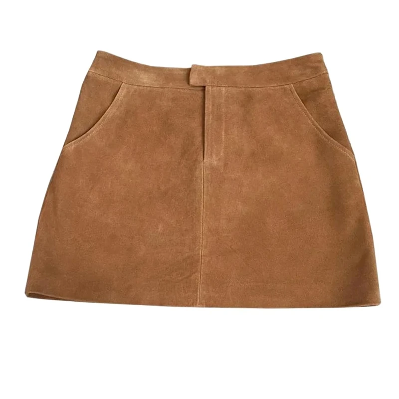Suede Leather Mini Skirt for Women Simple High Waist Wrap A-Line Short Skirt Fall Brown