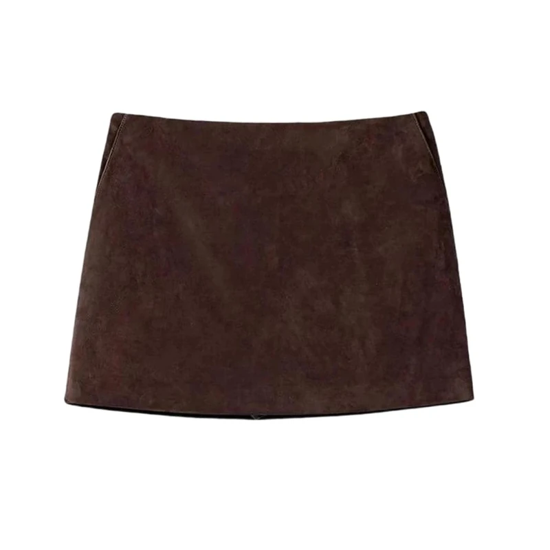 Suede Leather Mini Skirt for Women Sexy Slimming A-Line Pocket Solid Slim Spring Fall Brown