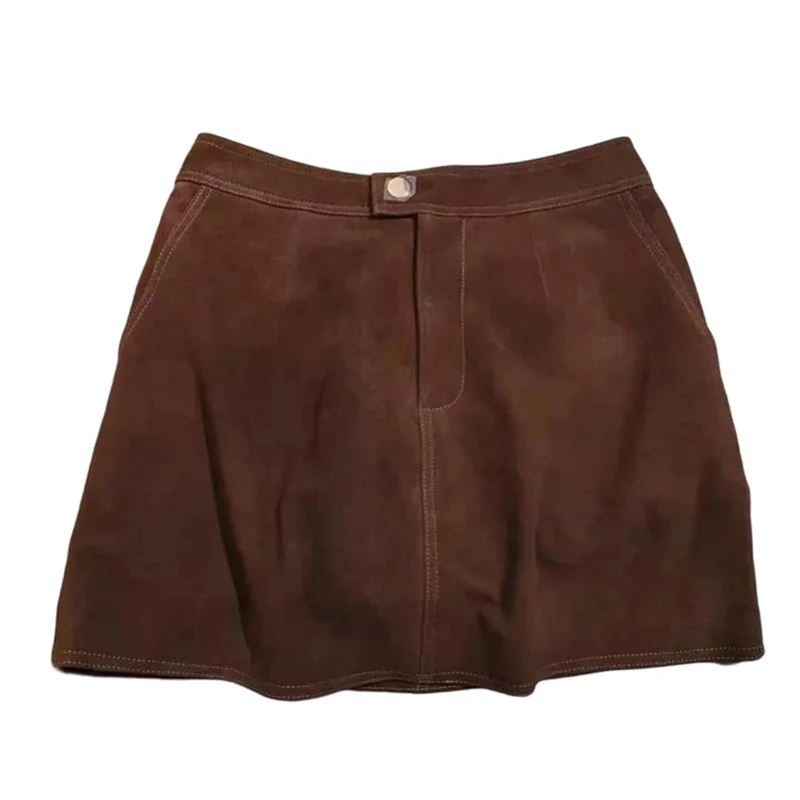 Women Suede Leather Skirt High Waist Buttons A Line Skirts Vintage Casual Mini Skirt Fall Winter Brown