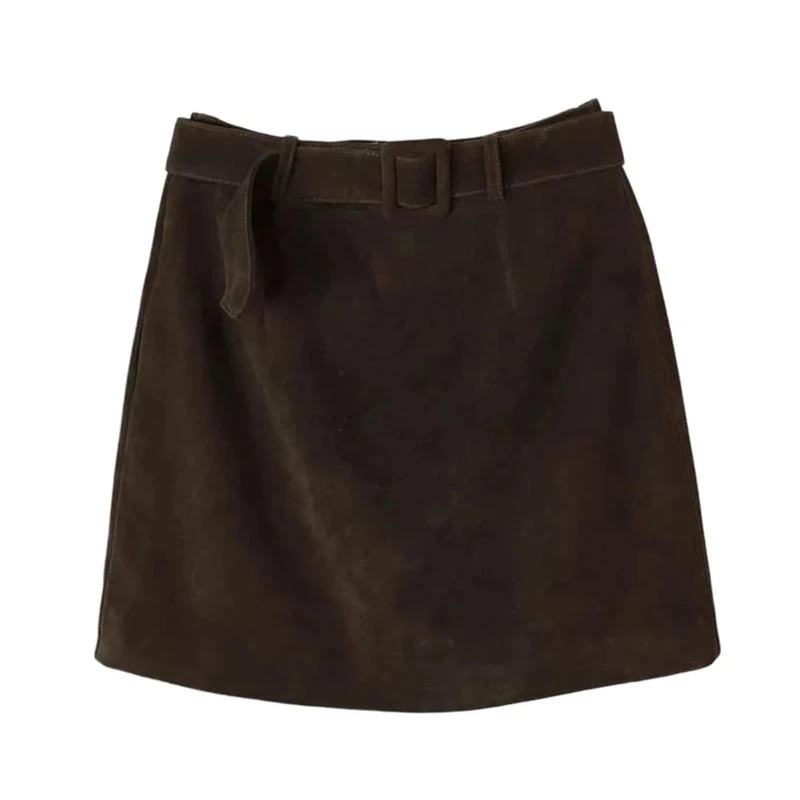 Women Vintage Suede Leather Mini Skirt for Fall Simple High Waist Solid Casual A-Line Skirts Dark Brown