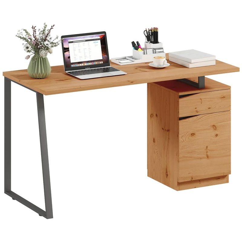 HOMCOM Computer Desk, Writing Desk with Cabinet, Drawer, Adjustable Shelf, Metal Legs, Work Table for Home Office Study, 135L x 60W x 75H cm, Natural Wood Finish