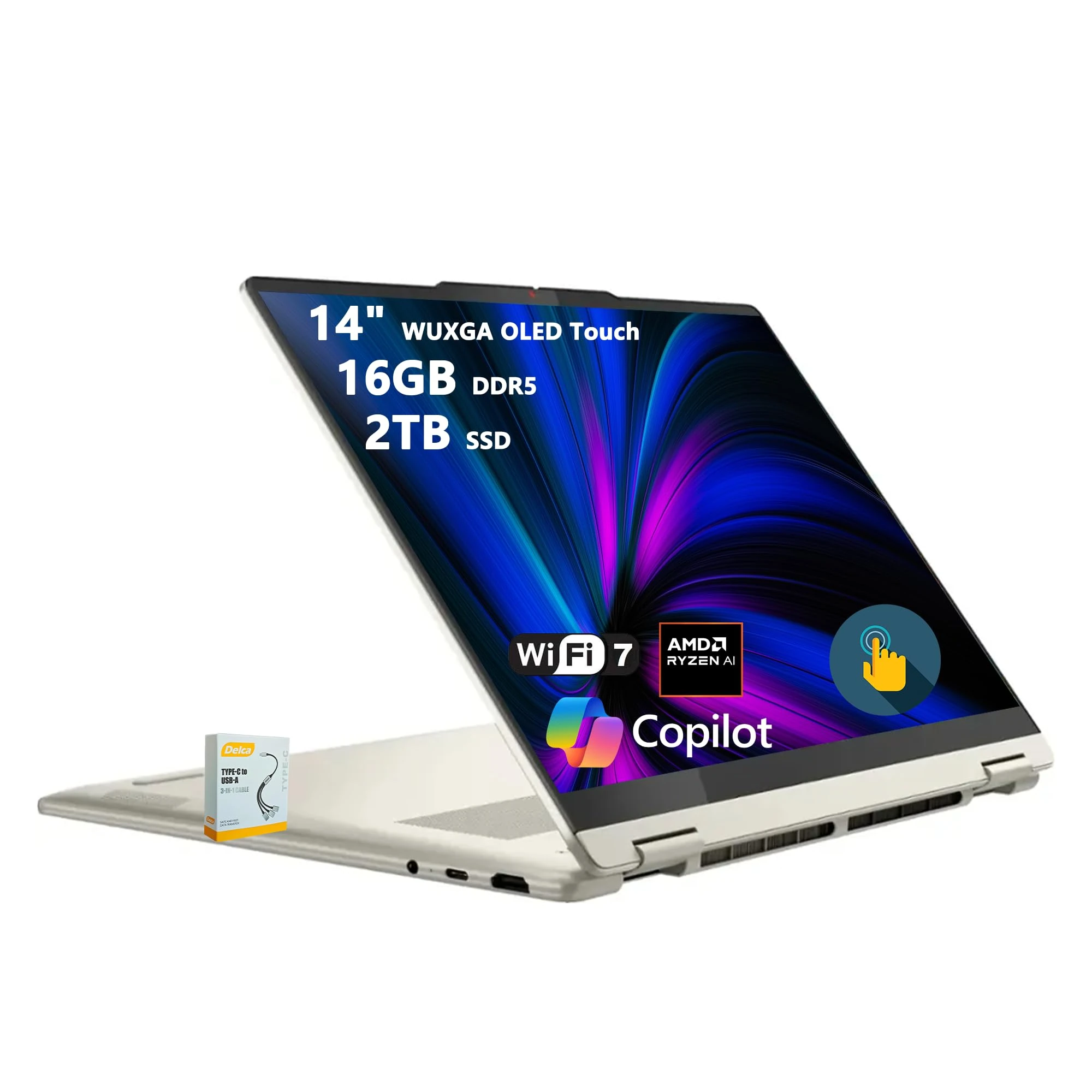 Lenovo Yoga 7 2-in-1 Copilot+ AI PC Laptop | 14" WUXGA OLED Touch (100% DCI-P3) | AMD Ryzen AI 7 350 (Up to 50 Tops) | 16GB DDR5 2TB SSD | for Creator Business Professional Win11 w/DLCA Accessory