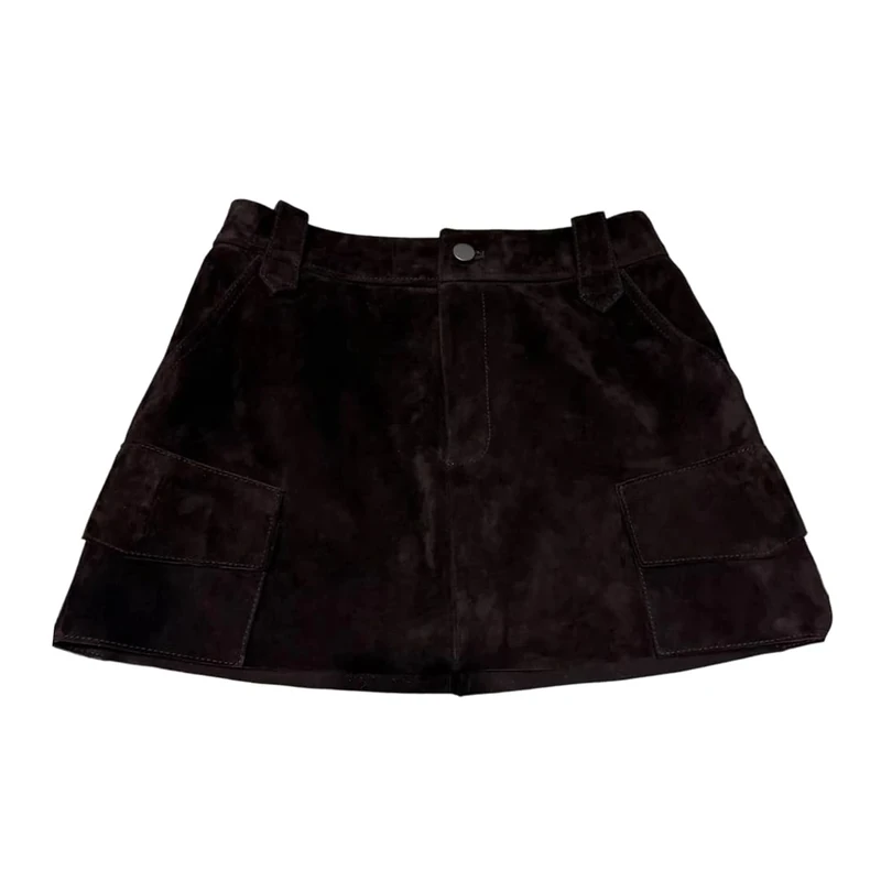 Ladies Suede Skirt Leather Pencil Mini Solid with Pockets A-Line Skirt